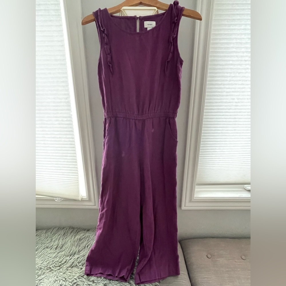 Girl’s Size 14 Ruffle Front ‘Vintage Plum’ Linen Blend Romper/Jumpsuit